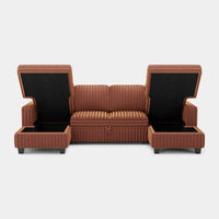 Caramel-Brown-/-Faux-Rabbit-Fur-Corduroy-4-Seat-U-Shaped-Double-Chaise-Pullout-Sectional