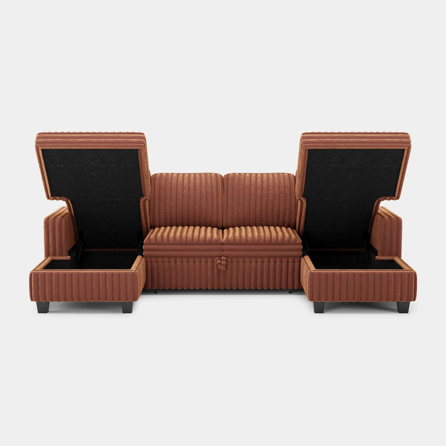 Caramel-Brown-/-Faux-Rabbit-Fur-Corduroy-4-Seat-U-Shaped-Double-Chaise-Pullout-Sectional