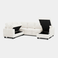 White-Beige-/-Faux-Rabbit-Fur-Corduroy-6-Seat-U-Shaped-Right-Chaise-Pullout-Sectional