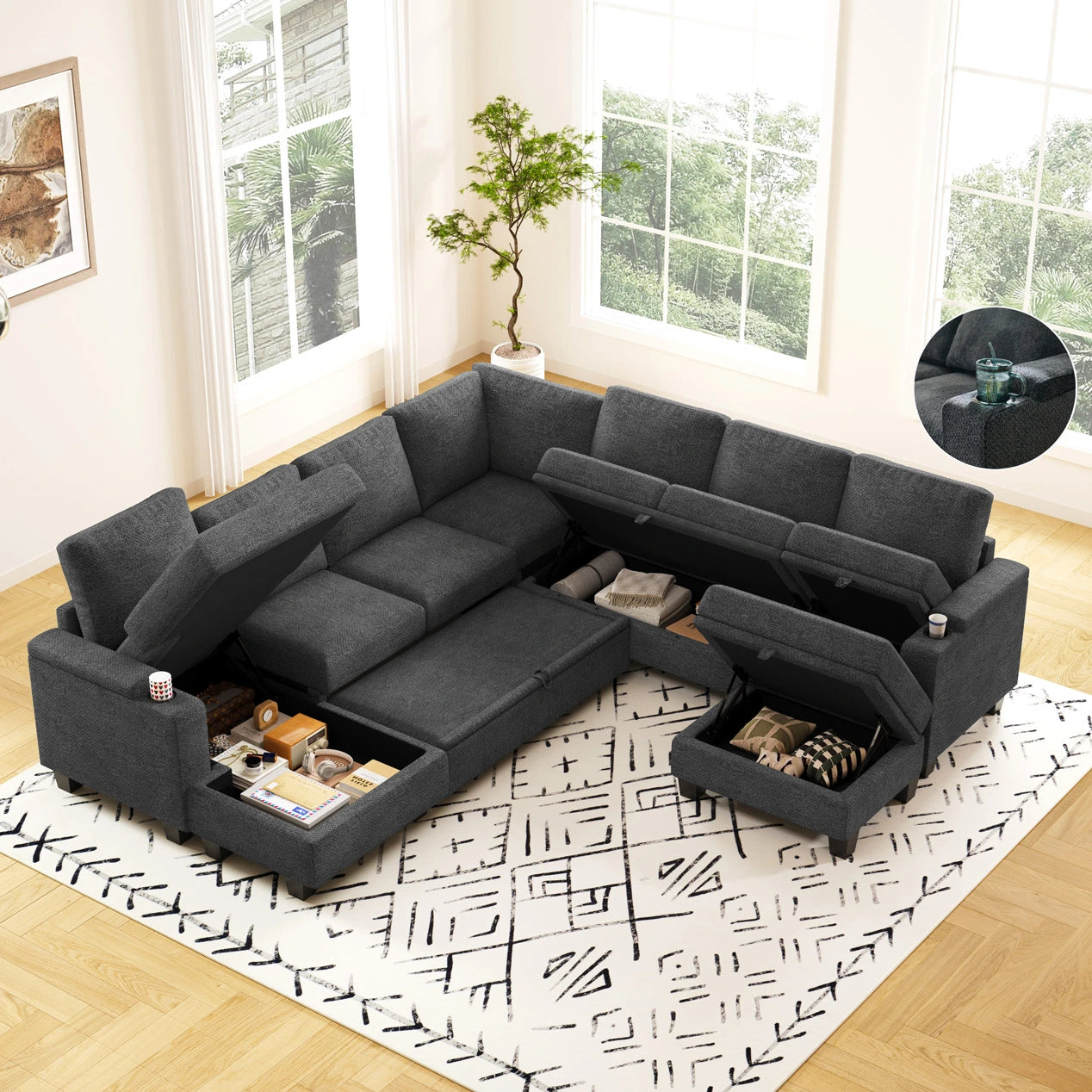 Vesper Modular 7 Seater Modular Chenille Pull-out Sleeper Sofa with Storage Chaise