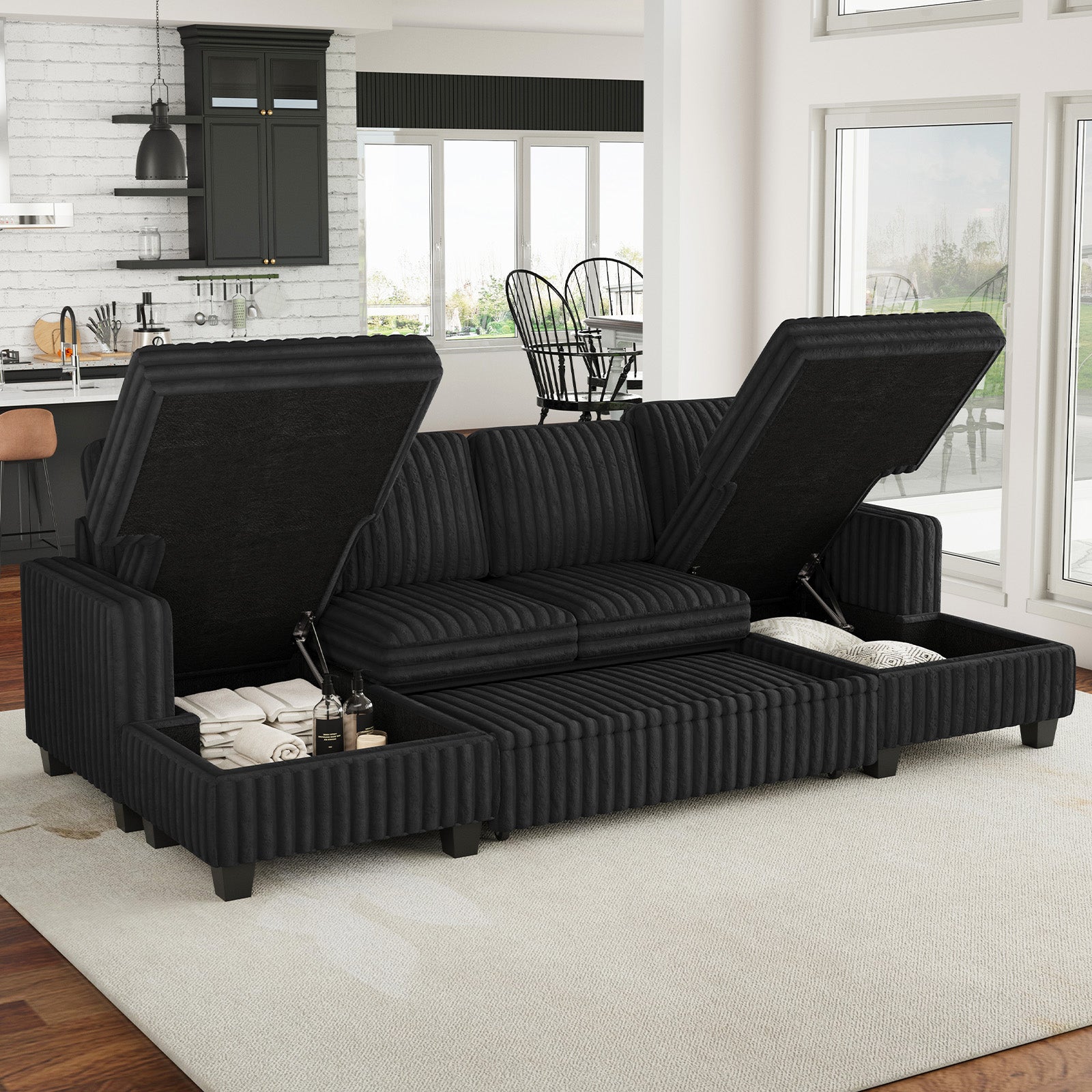 Belffin 4 Seats Modular Faux Rabbit Fur Corduroy Pull-out Sleeper Sofa with Storage Seats and Ottoman