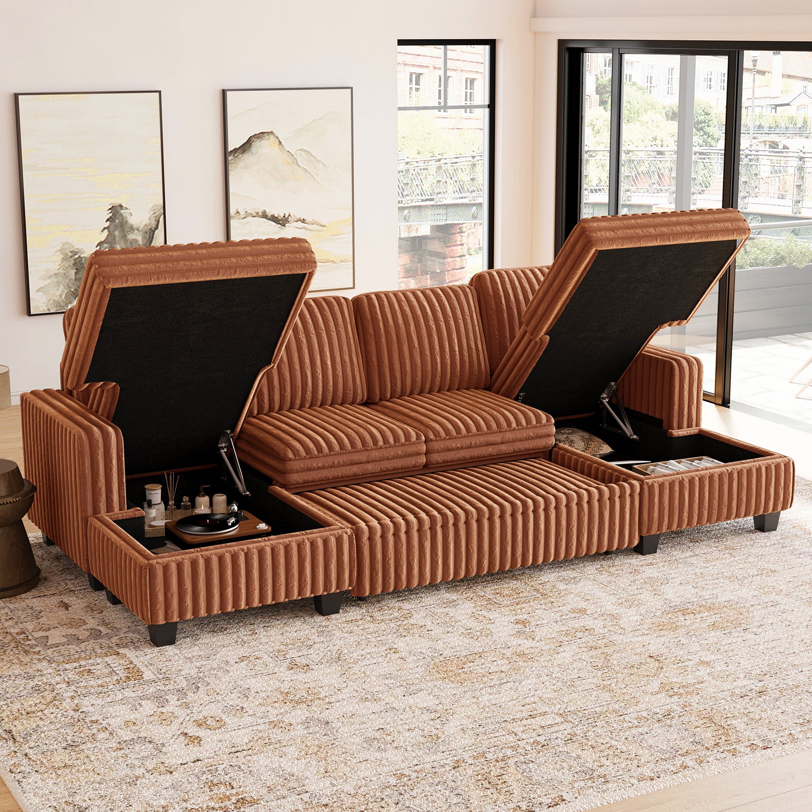 Belffin 4 Seats Modular Faux Rabbit Fur Corduroy Pull-out Sleeper Sofa with Storage Seats and Ottoman