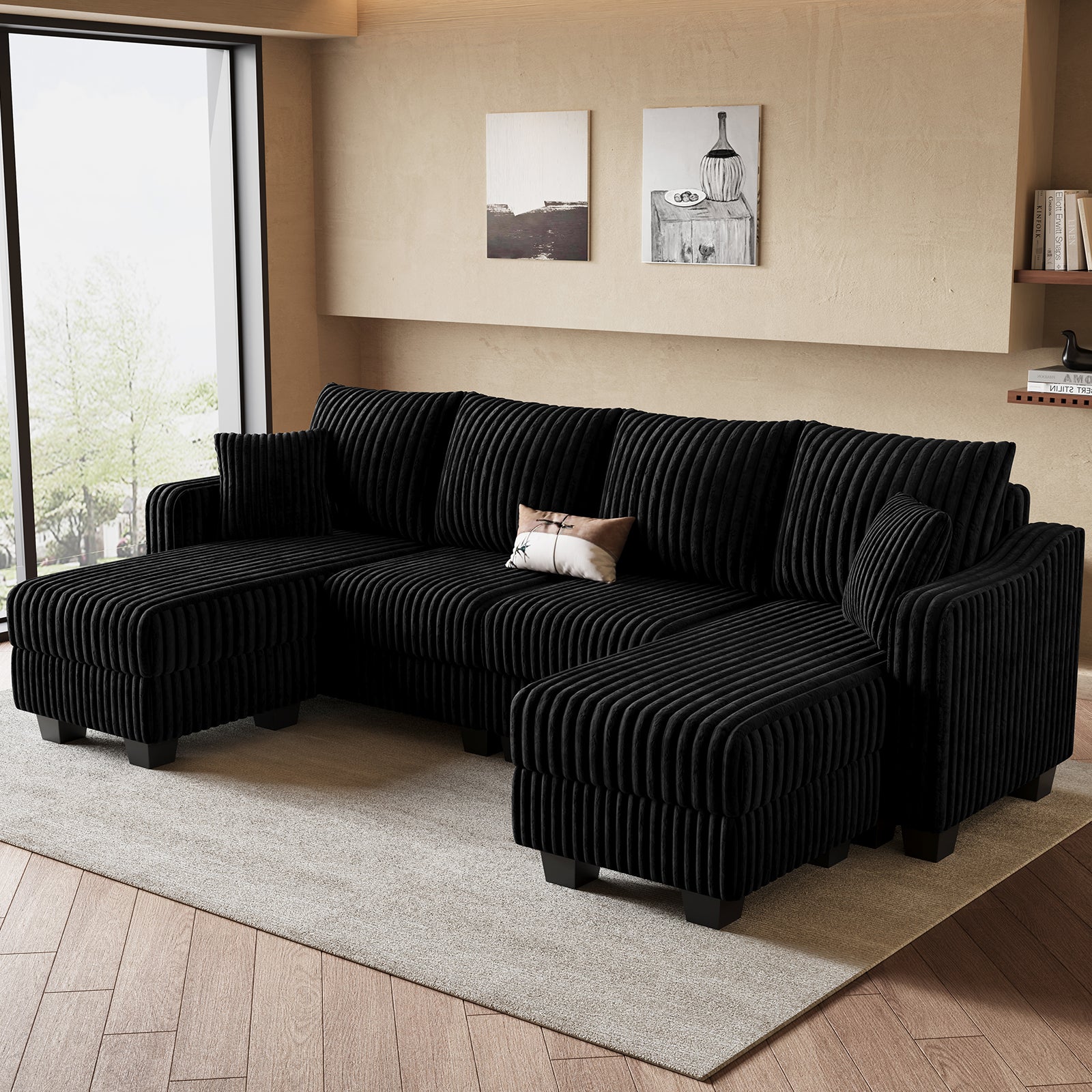 Obsidian-Black-/-Corduroy-4-Seats-U-Shaped-Sectional