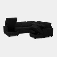 Piano-Black-/-Faux-Rabbit-Fur-Corduroy-8-Seat-U-Shaped-Left-Chaise-Pullout-Sectional