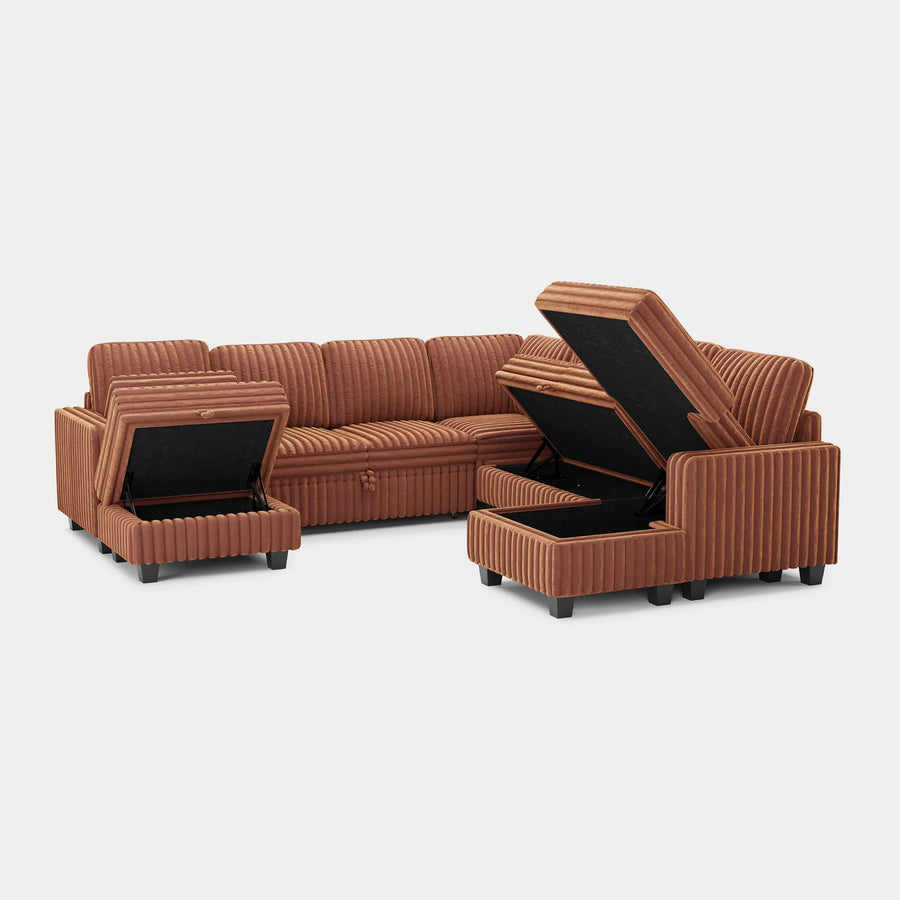Caramel-Brown-/-Faux-Rabbit-Fur-Corduroy-8-Seat-U-Shaped-Right-Chaise-Pullout-Sectional