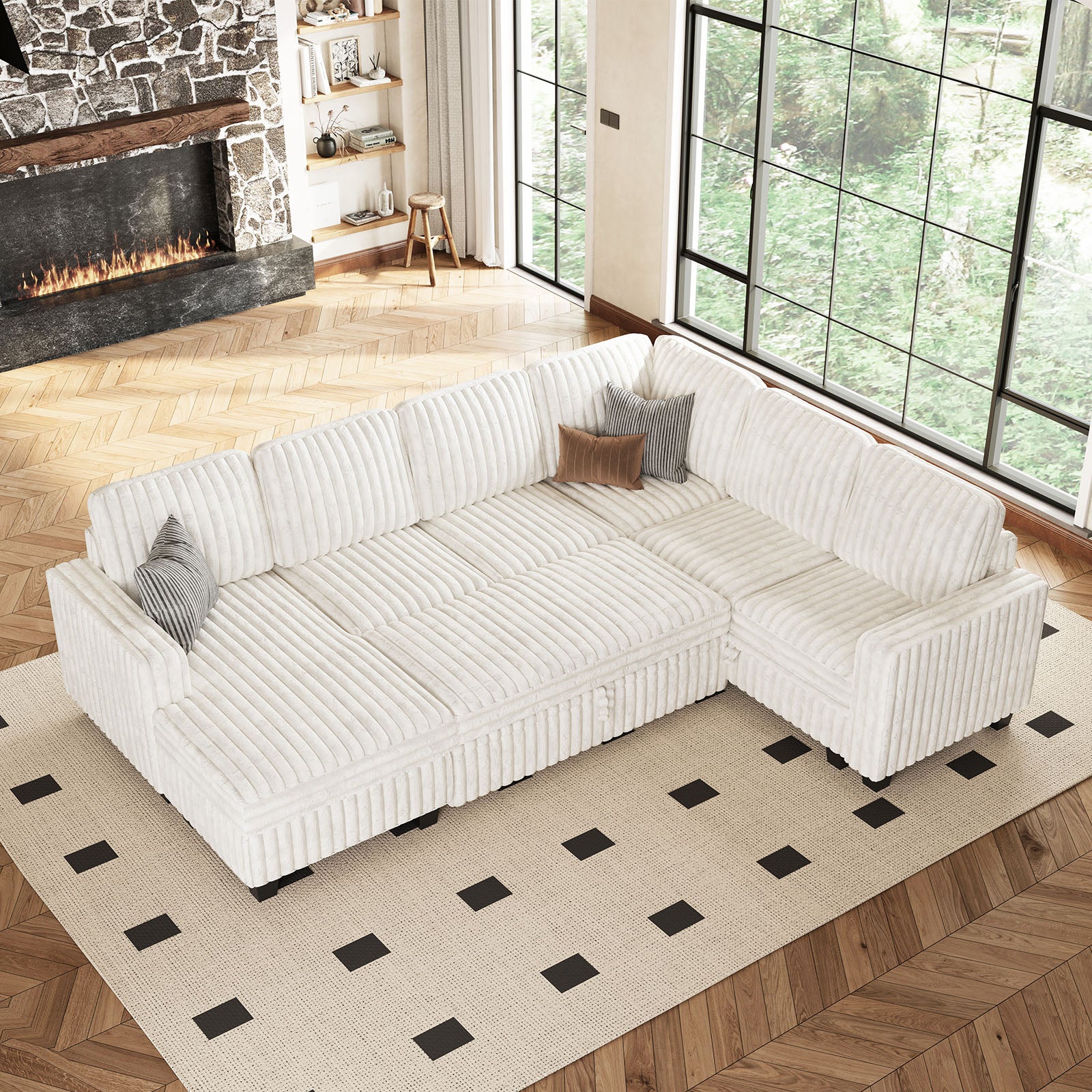 Plume 6 Seats Modular Faux Rabbit Fur Corduroy Pull-out Sleeper Sofa with Storage Seats and Ottoman