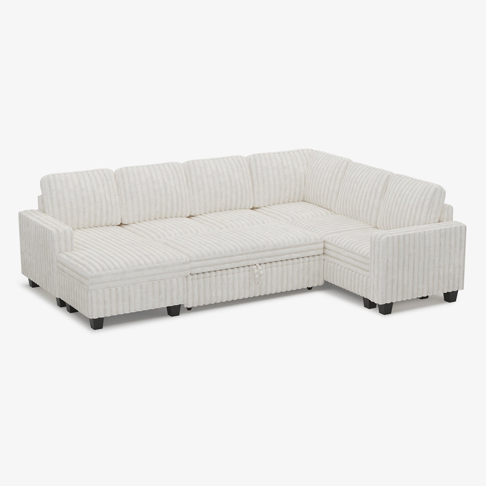 Plume 6 Seats Modular Faux Rabbit Fur Corduroy Pull-out Sleeper Sofa with Storage Seats and Ottoman
