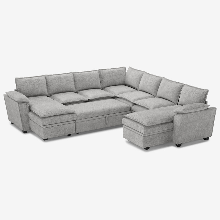 Cloud-Grey-/-Chenille-7-Seat-U-Shaped-Double-Chaise-Pullout-Sectional