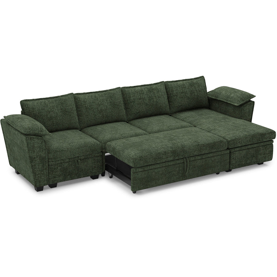 Moss-Green-/-Chenille-4-Seat-L-Shaped-Pullout-Sectional-with-Reversible-Chaise