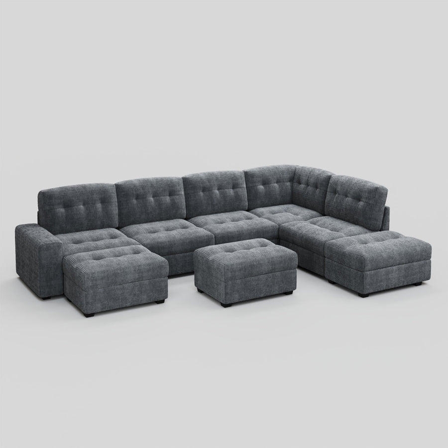 Pewter-Grey-/-Corduroy-5-Seat-L-Shaped-Sectional-with-2-Ottomans
