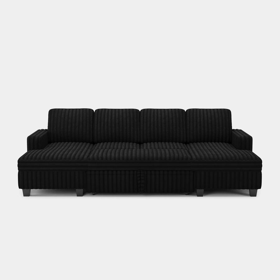 Piano-Black-/-Faux-Rabbit-Fur-Corduroy-4-Seat-U-Shaped-Double-Chaise-Pullout-Sectional