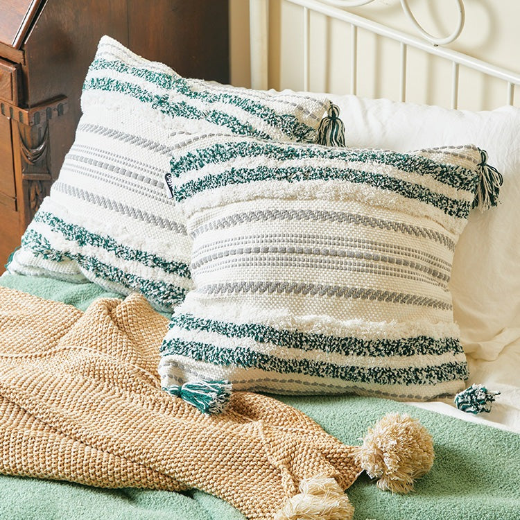 Belffin Canva Bohemian Pattern Green Throw Pillow With Tassel- Set of 2