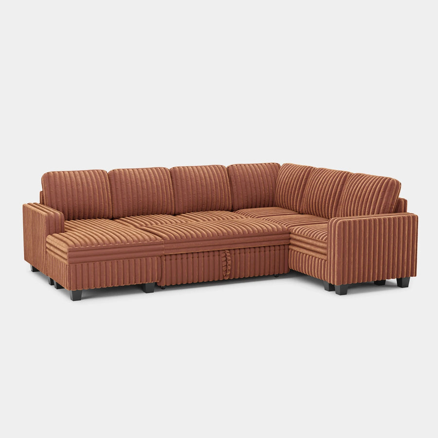 Caramel-Brown-/-Faux-Rabbit-Fur-Corduroy-6-Seat-U-Shaped-Left-Chaise-Pullout-Sectional