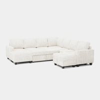White-Beige-/-Faux-Rabbit-Fur-Corduroy-8-Seat-U-Shaped-Left-Chaise-Pullout-Sectional