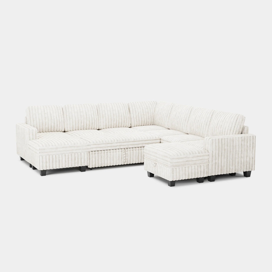 White-Beige-/-Faux-Rabbit-Fur-Corduroy-8-Seat-U-Shaped-Left-Chaise-Pullout-Sectional