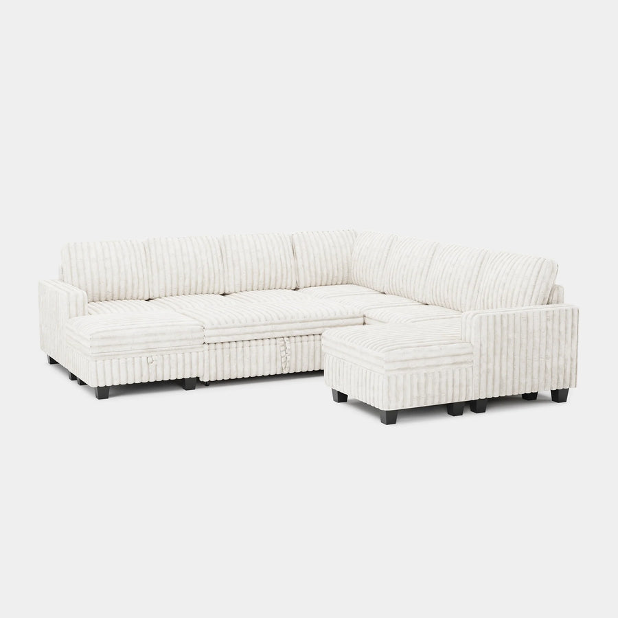 White-Beige-/-Faux-Rabbit-Fur-Corduroy-8-Seat-U-Shaped-Right-Chaise-Pullout-Sectional