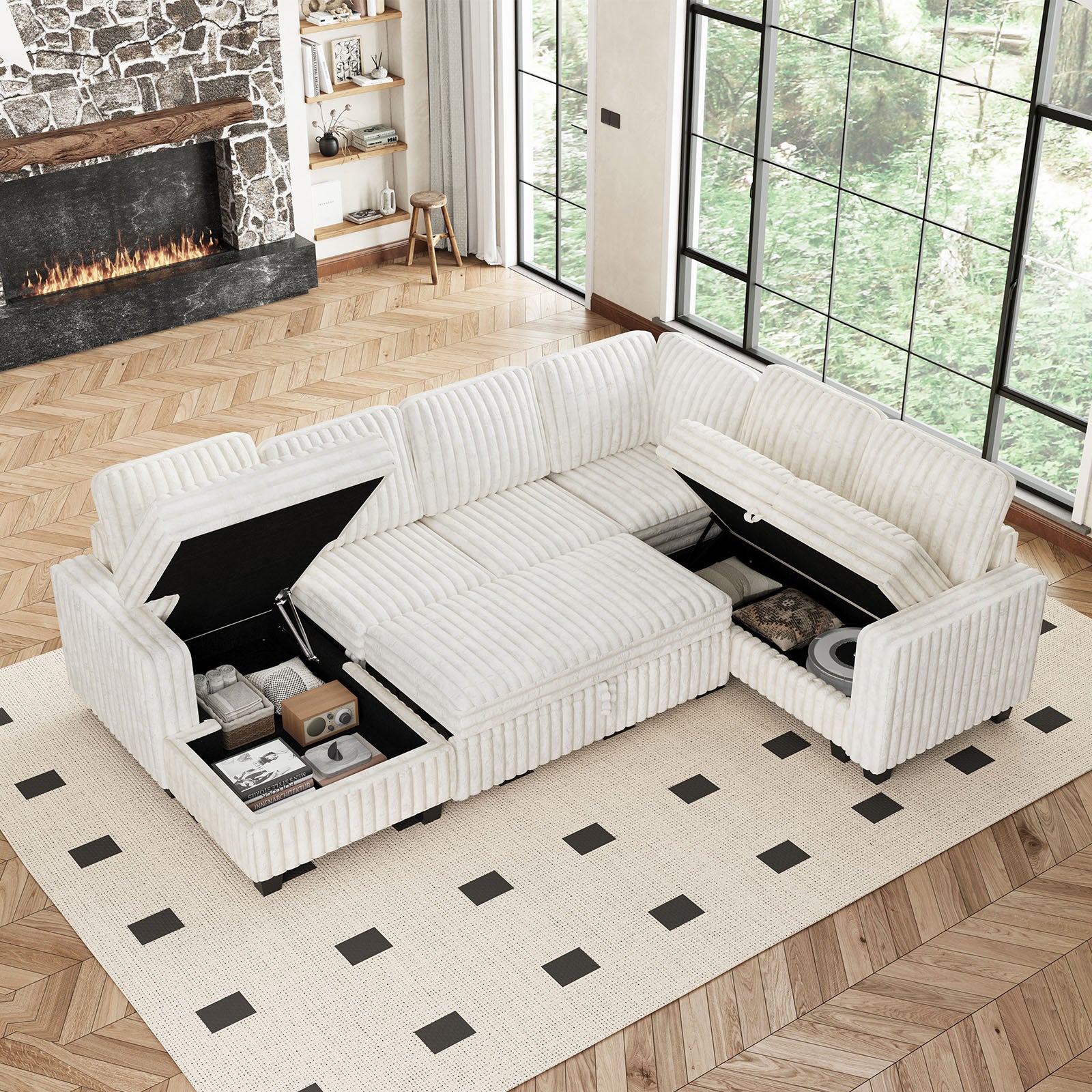 Plume 6 Seats Modular Faux Rabbit Fur Corduroy Pull-out Sleeper Sofa with Storage Seats and Ottoman