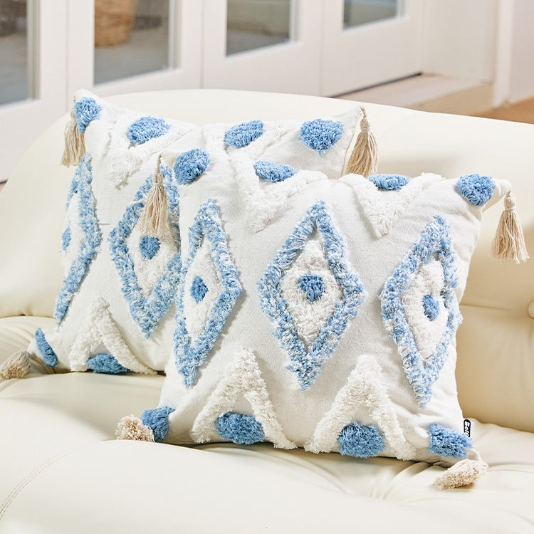 Belffin Canva Bohemian Pattern Blue Throw Pillow With Tassel- Set of 2