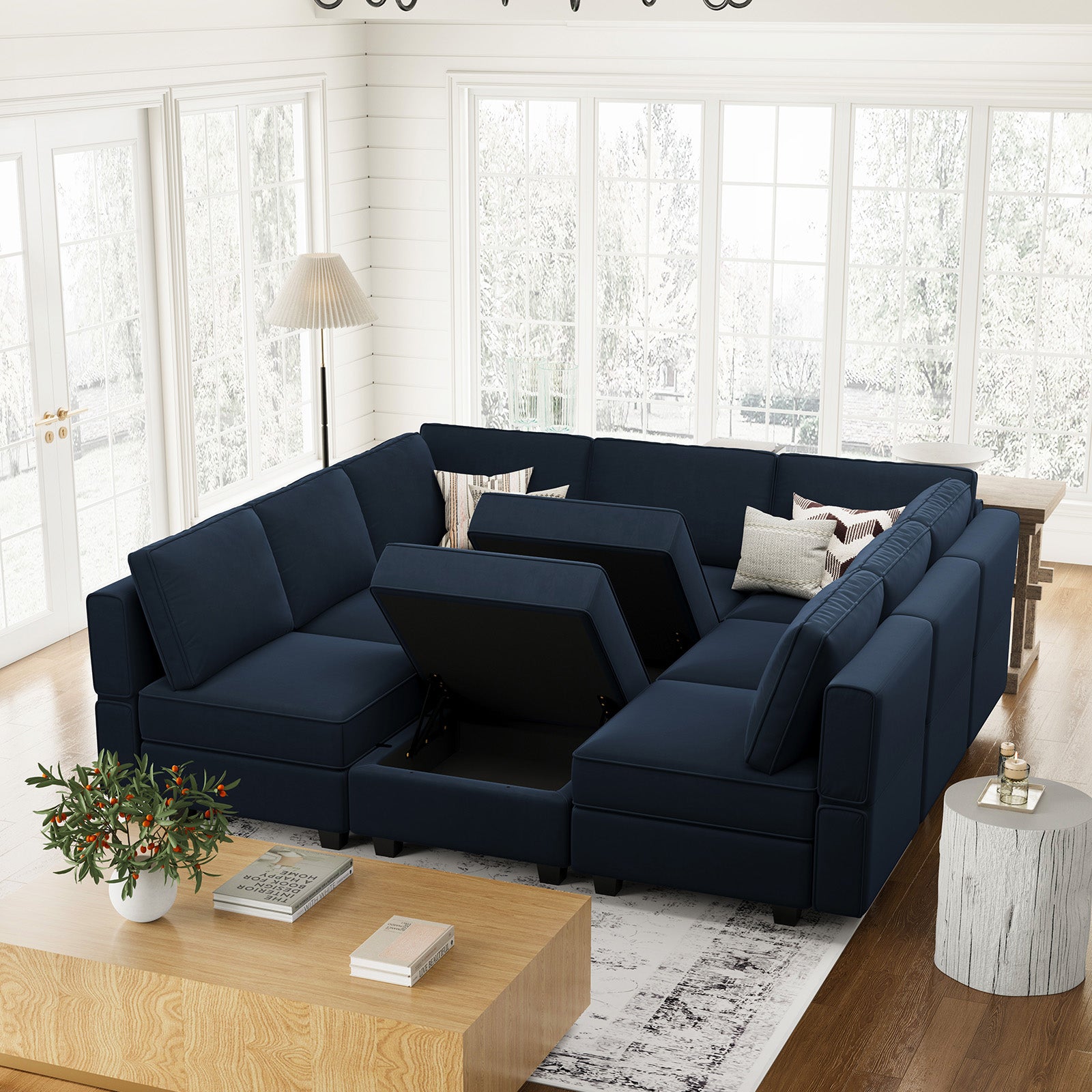 Belffin 9 Seats + 9 Sides Modular Velvet Sleeper Sofa with Storage Seat