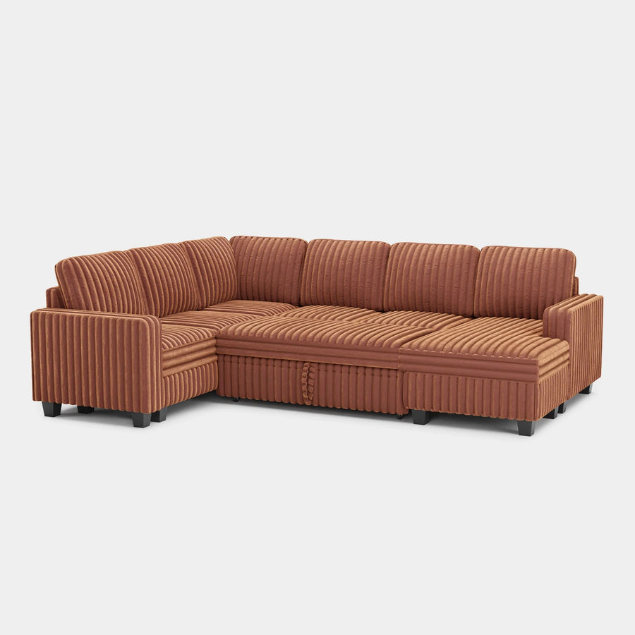 Caramel-Brown-/-Faux-Rabbit-Fur-Corduroy-6-Seat-U-Shaped-Right-Chaise-Pullout-Sectional