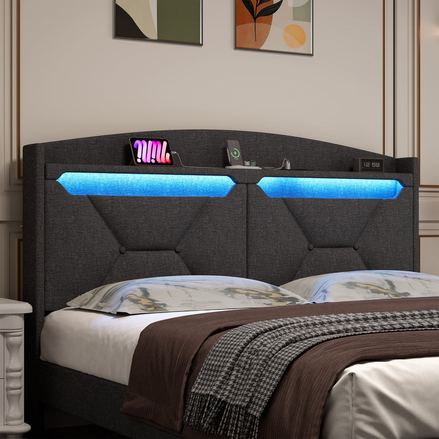Modern Bed Frame with Storage Headboard and LED Lights BSN