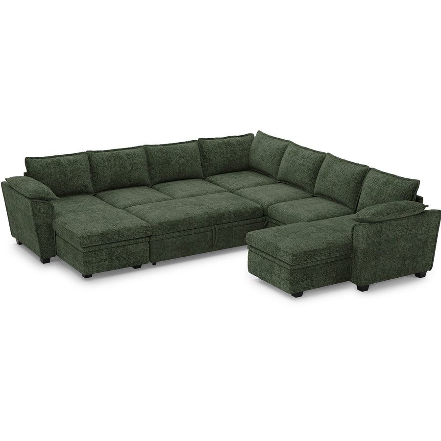 Moss-Green-/-Chenille-7-Seat-U-Shaped-Double-Chaise-Pullout-Sectional