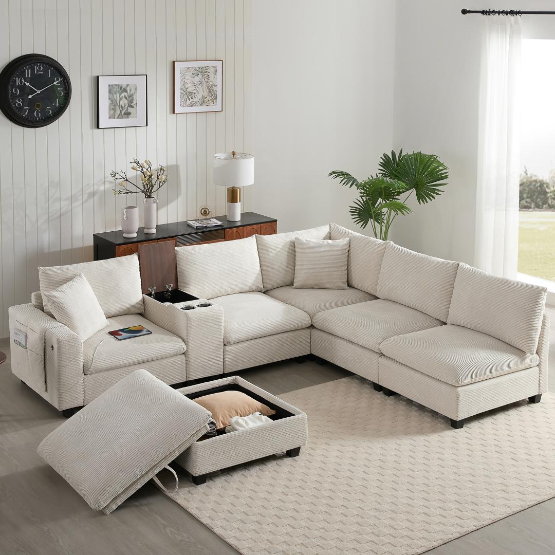corduroy-Ivory-Beige-4-Seats-U-Shaped-Sectional