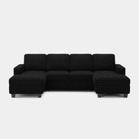 Piano-Black-/-Faux-Rabbit-Fur-Corduroy-4-Seat-U-Shaped-Double-Chaise-Pullout-Sectional