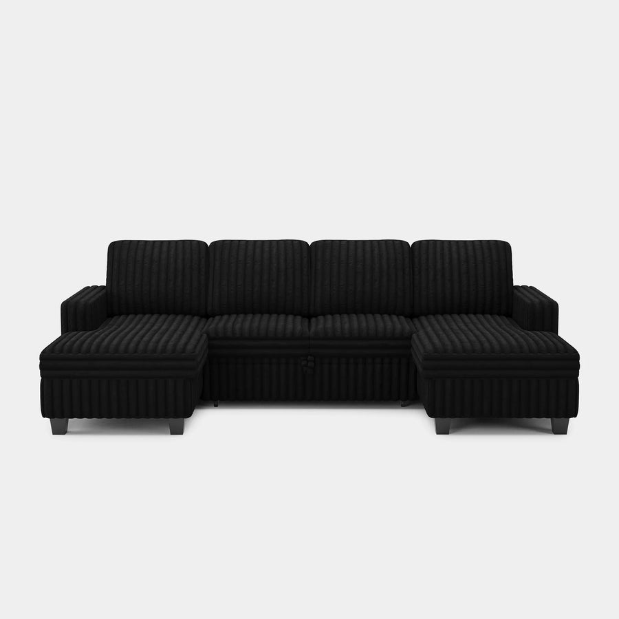 Piano-Black-/-Faux-Rabbit-Fur-Corduroy-4-Seat-U-Shaped-Double-Chaise-Pullout-Sectional