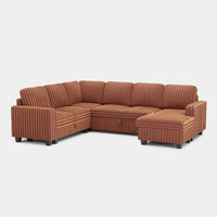Caramel-Brown-/-Faux-Rabbit-Fur-Corduroy-6-Seat-U-Shaped-Right-Chaise-Pullout-Sectional