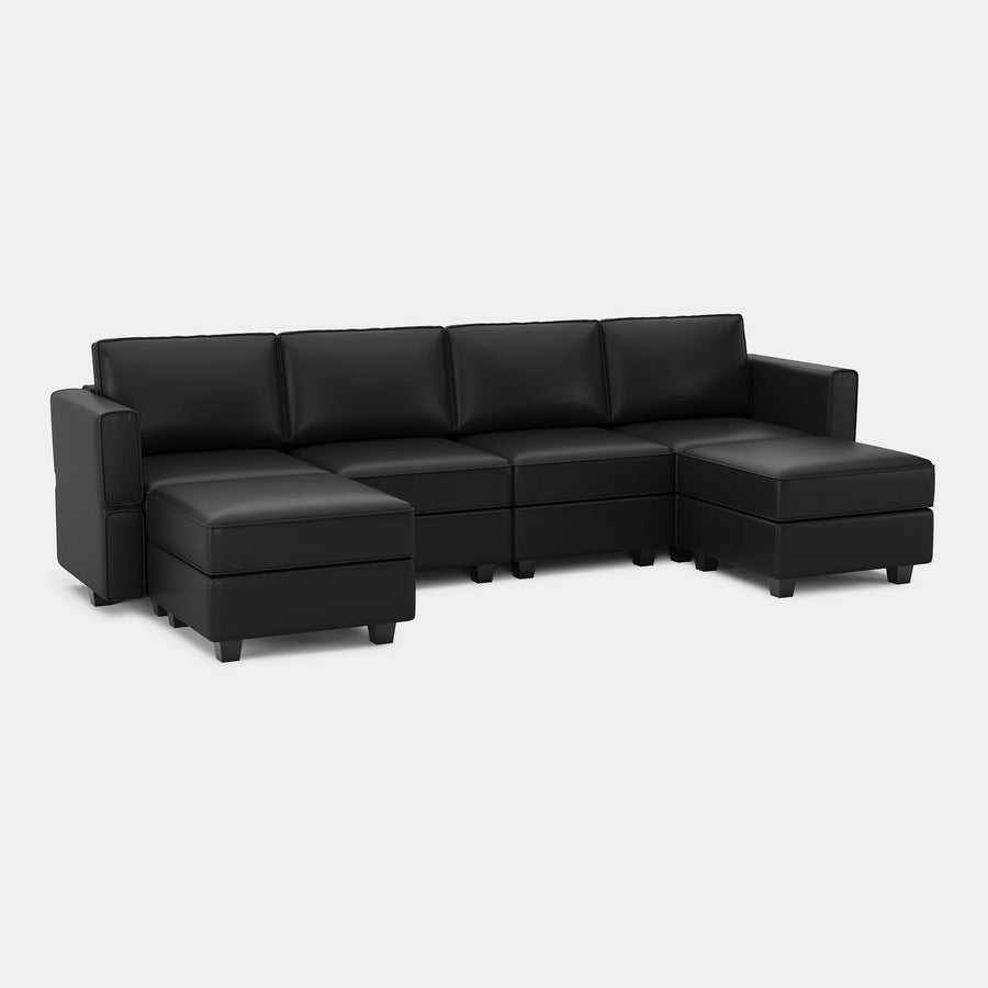 Sand-Black-/-Faux-Leather-6-Seat-U-Shaped-Open-Sectional