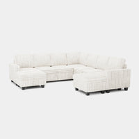 White-Beige-/-Faux-Rabbit-Fur-Corduroy-8-Seat-U-Shaped-Right-Chaise-Pullout-Sectional
