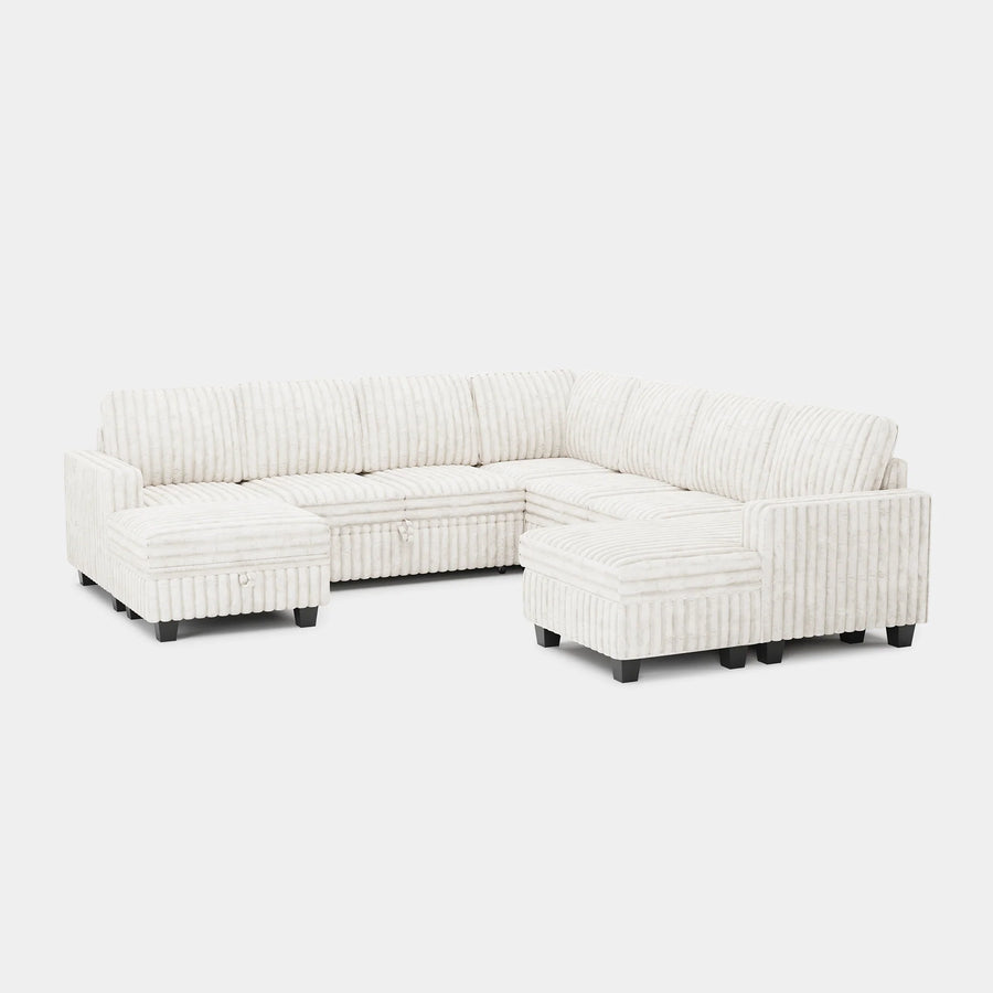 White-Beige-/-Faux-Rabbit-Fur-Corduroy-8-Seat-U-Shaped-Right-Chaise-Pullout-Sectional