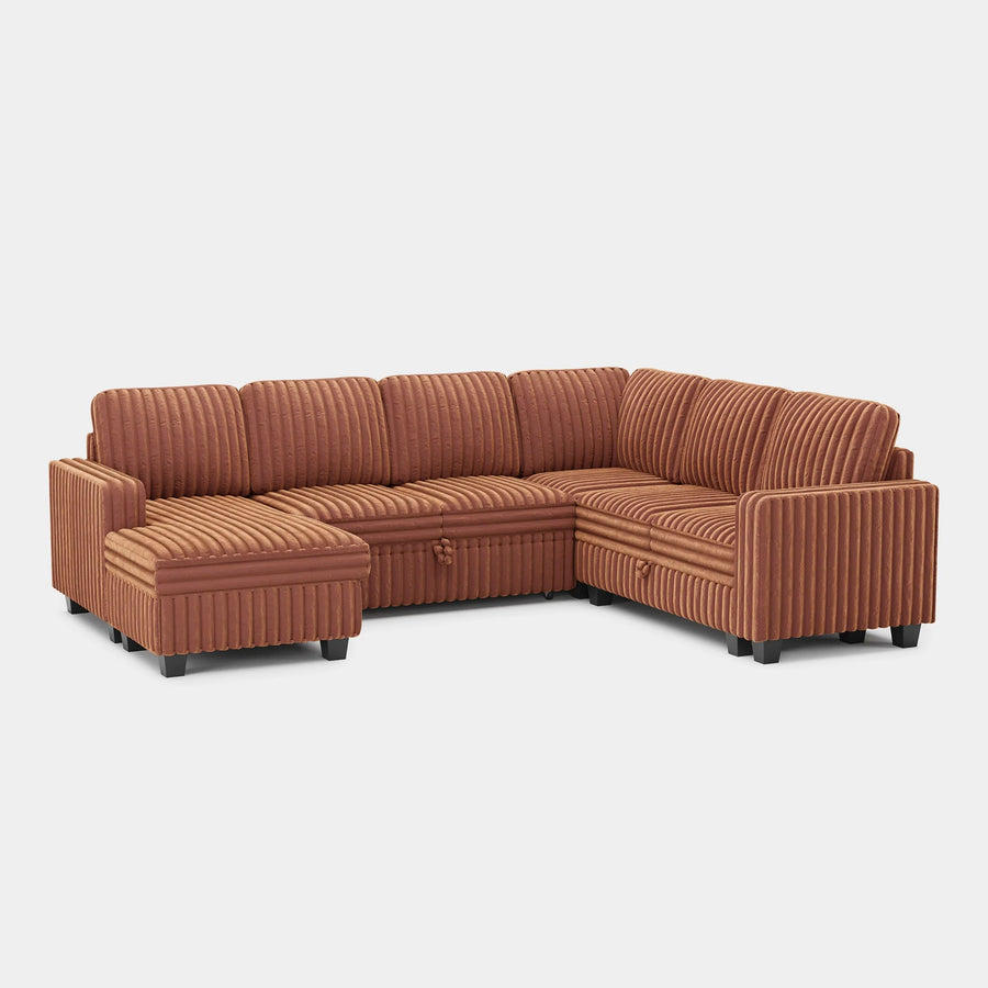 Caramel-Brown-/-Faux-Rabbit-Fur-Corduroy-6-Seat-U-Shaped-Left-Chaise-Pullout-Sectional