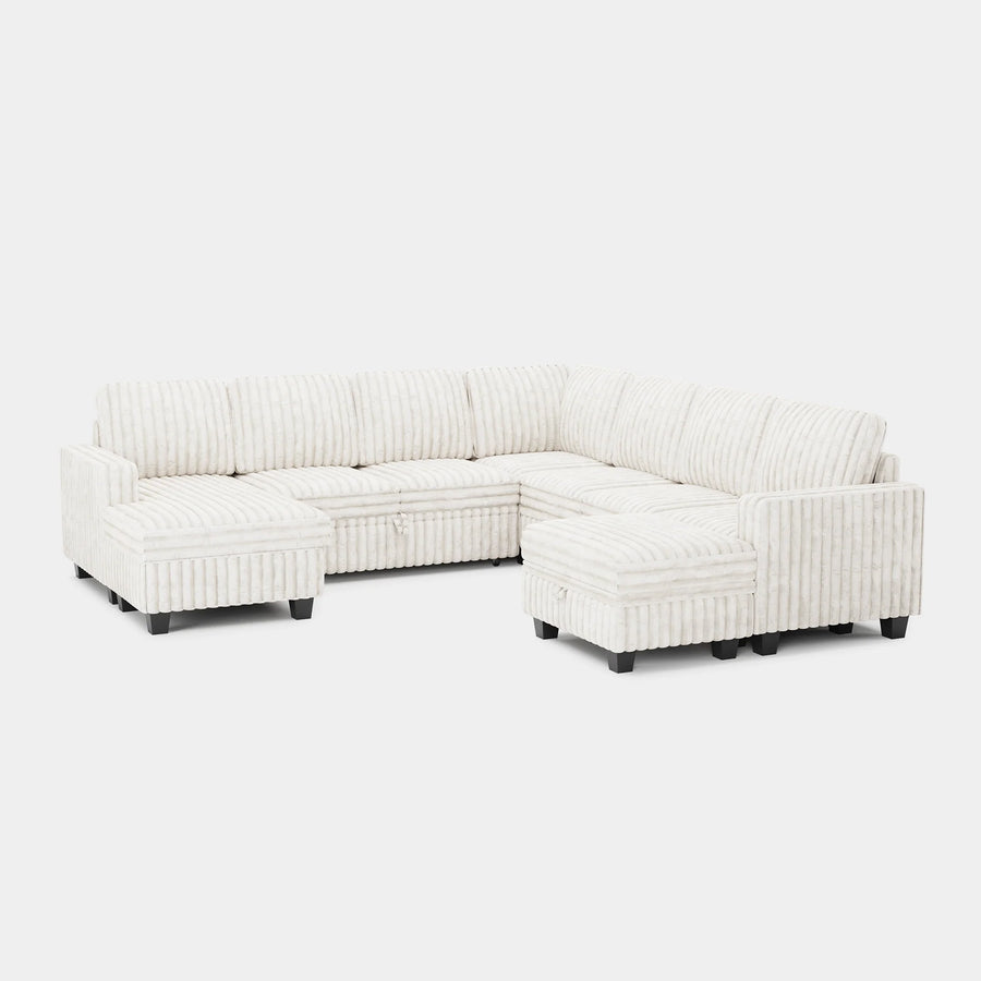 White-Beige-/-Faux-Rabbit-Fur-Corduroy-8-Seat-U-Shaped-Left-Chaise-Pullout-Sectional