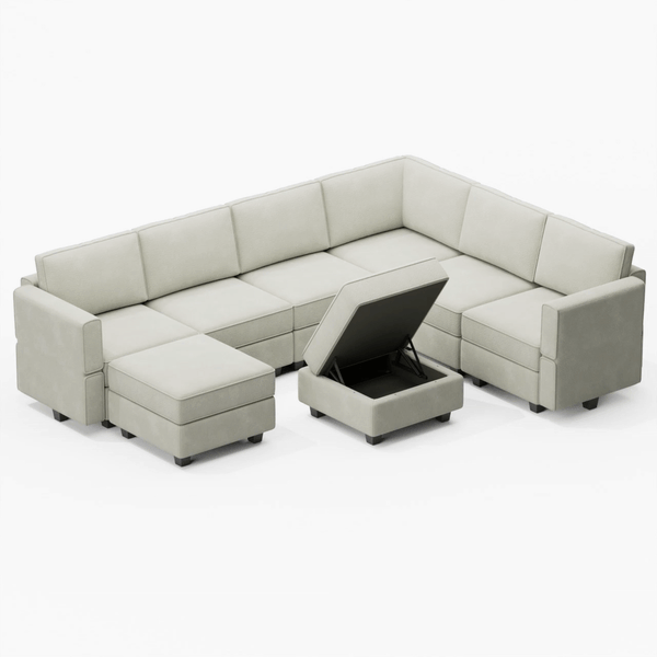 Soforia 7 Seats + 9 Sides Modular Velvet Sofa with Storage Seat and Ottoman