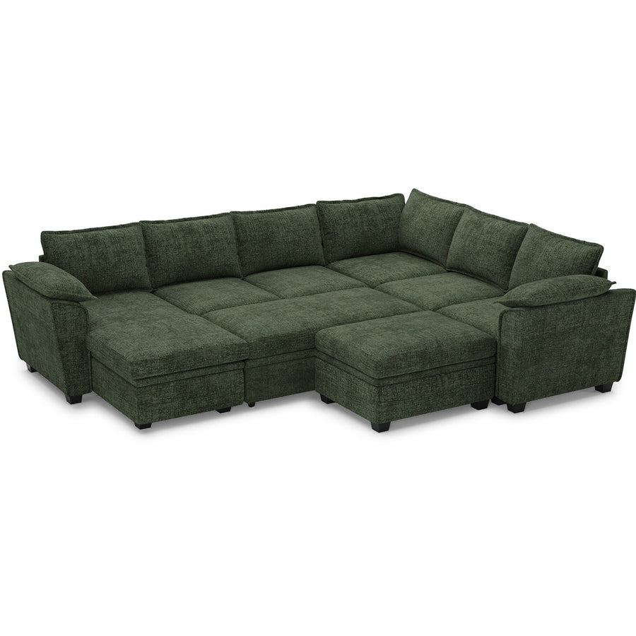Moss-Green-/-Chenille-7-Seat-U-Shaped-Pullout-Sectional-with-Reversible-Chaise