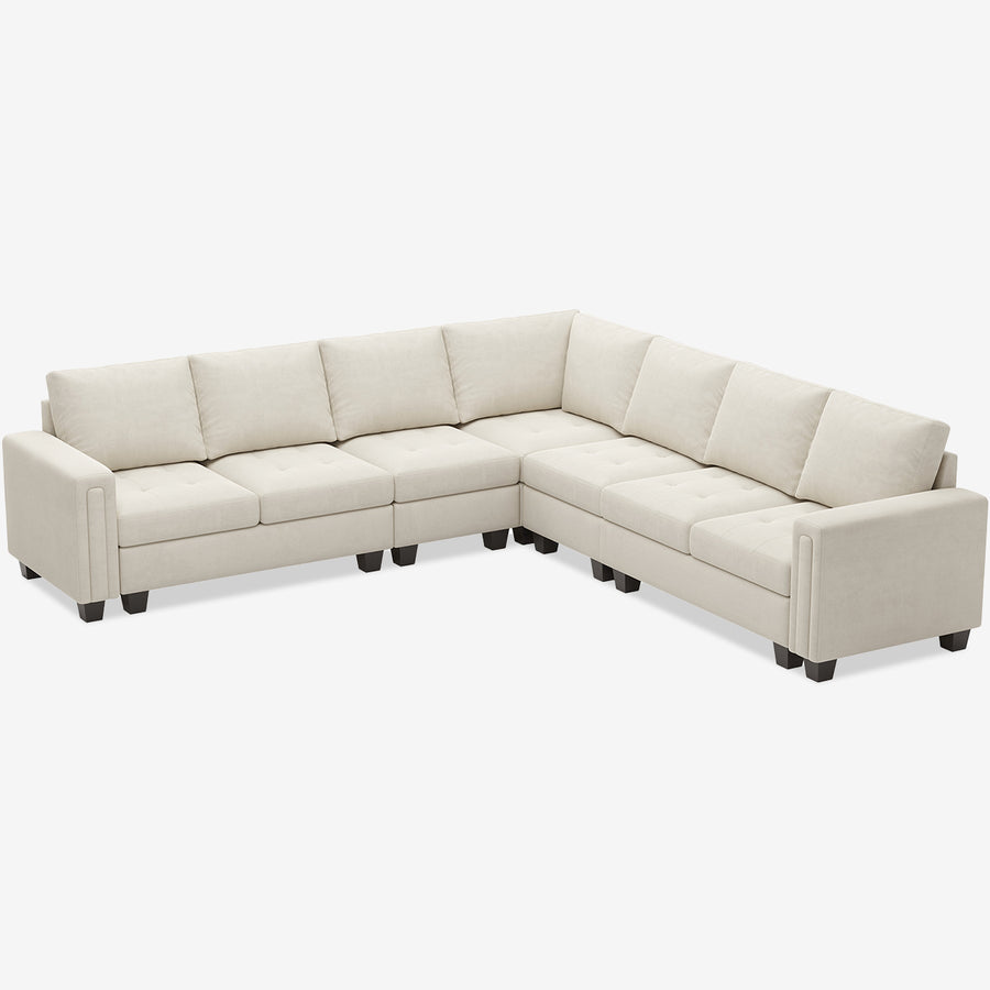 Cotton-Beige-/-Velvet-7-Seat-L-Shaped-Corner-Sectional