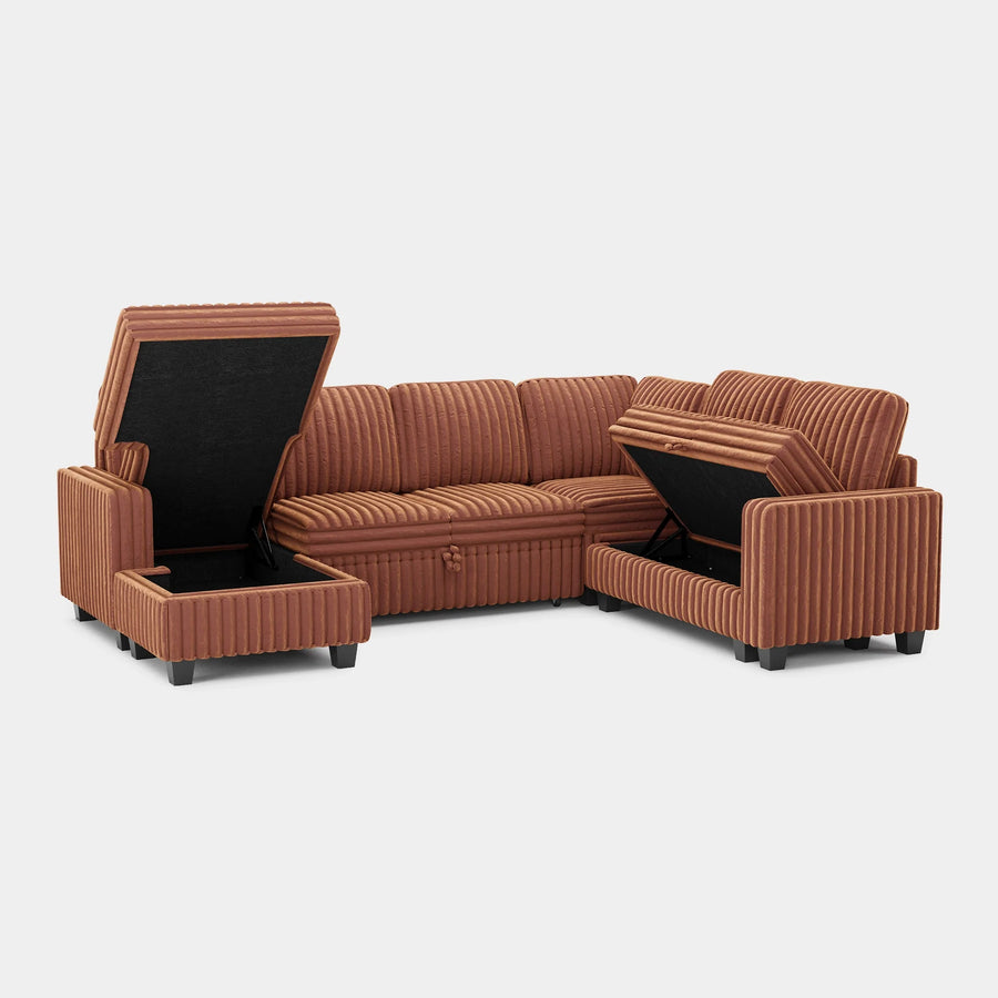 Caramel-Brown-/-Faux-Rabbit-Fur-Corduroy-6-Seat-U-Shaped-Left-Chaise-Pullout-Sectional