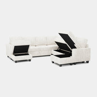 White-Beige-/-Faux-Rabbit-Fur-Corduroy-8-Seat-U-Shaped-Right-Chaise-Pullout-Sectional