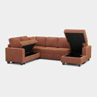 Caramel-Brown-/-Faux-Rabbit-Fur-Corduroy-6-Seat-U-Shaped-Right-Chaise-Pullout-Sectional