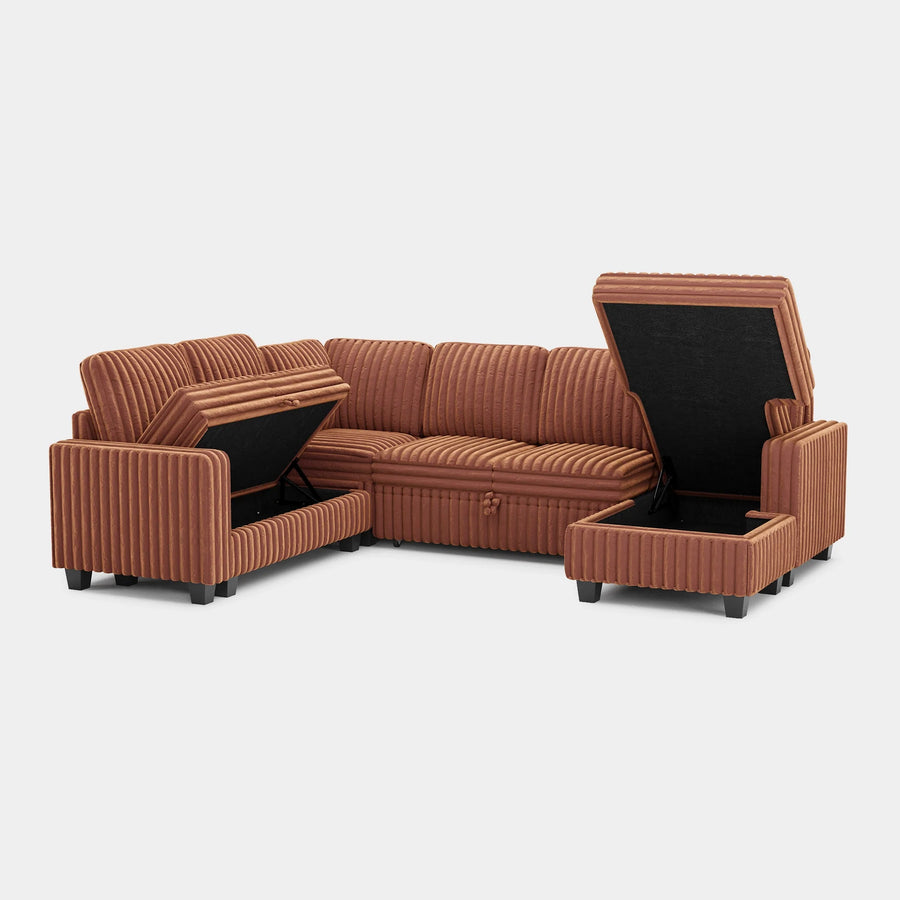 Caramel-Brown-/-Faux-Rabbit-Fur-Corduroy-6-Seat-U-Shaped-Right-Chaise-Pullout-Sectional