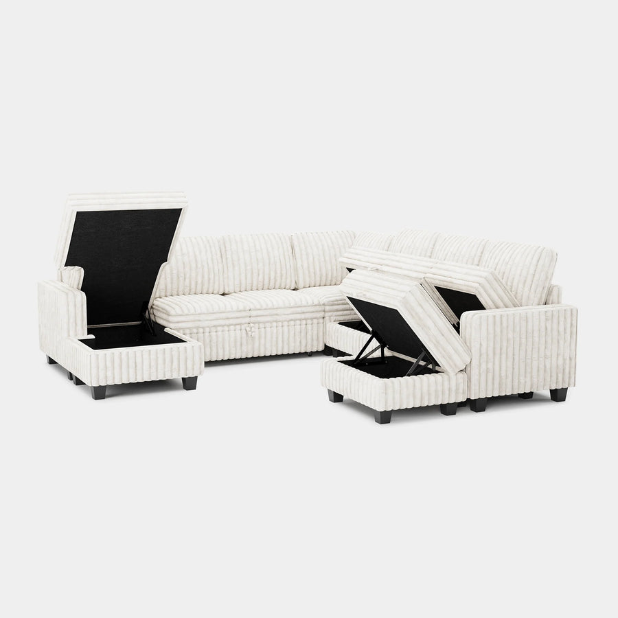 White-Beige-/-Faux-Rabbit-Fur-Corduroy-8-Seat-U-Shaped-Left-Chaise-Pullout-Sectional