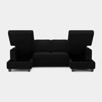 Piano-Black-/-Faux-Rabbit-Fur-Corduroy-4-Seat-U-Shaped-Double-Chaise-Pullout-Sectional