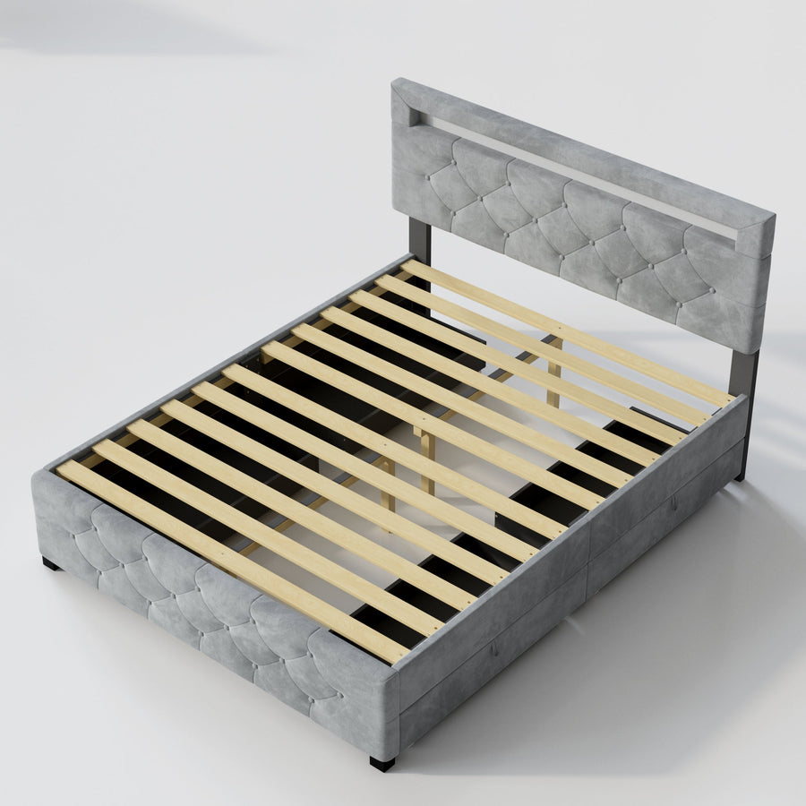 Queen Size Upholstered Velvet Bed Frame with Drawers and LED Lights BSN