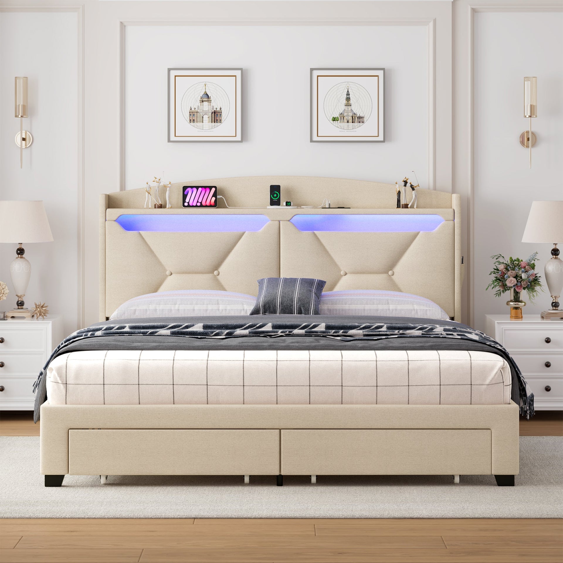Modern Bed Frame Storage Headboard LED Lights