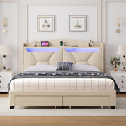 Modern Bed Frame with Storage Headboard and LED Lights