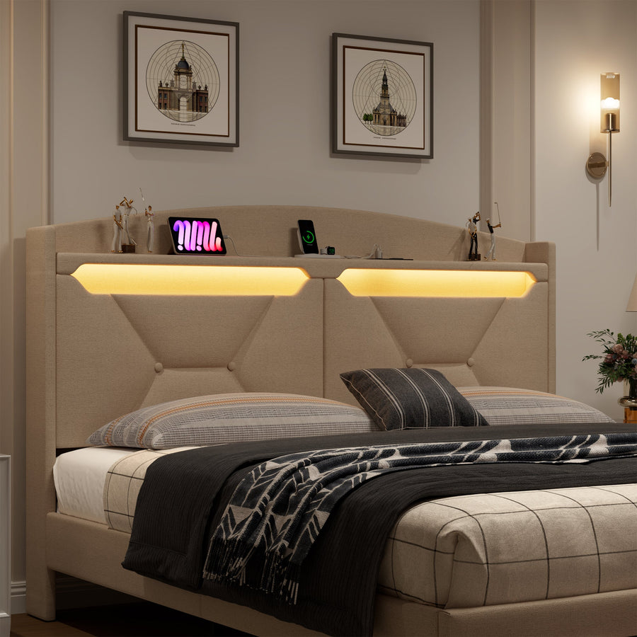Modern Bed Frame with Storage Headboard and LED Lights BSN