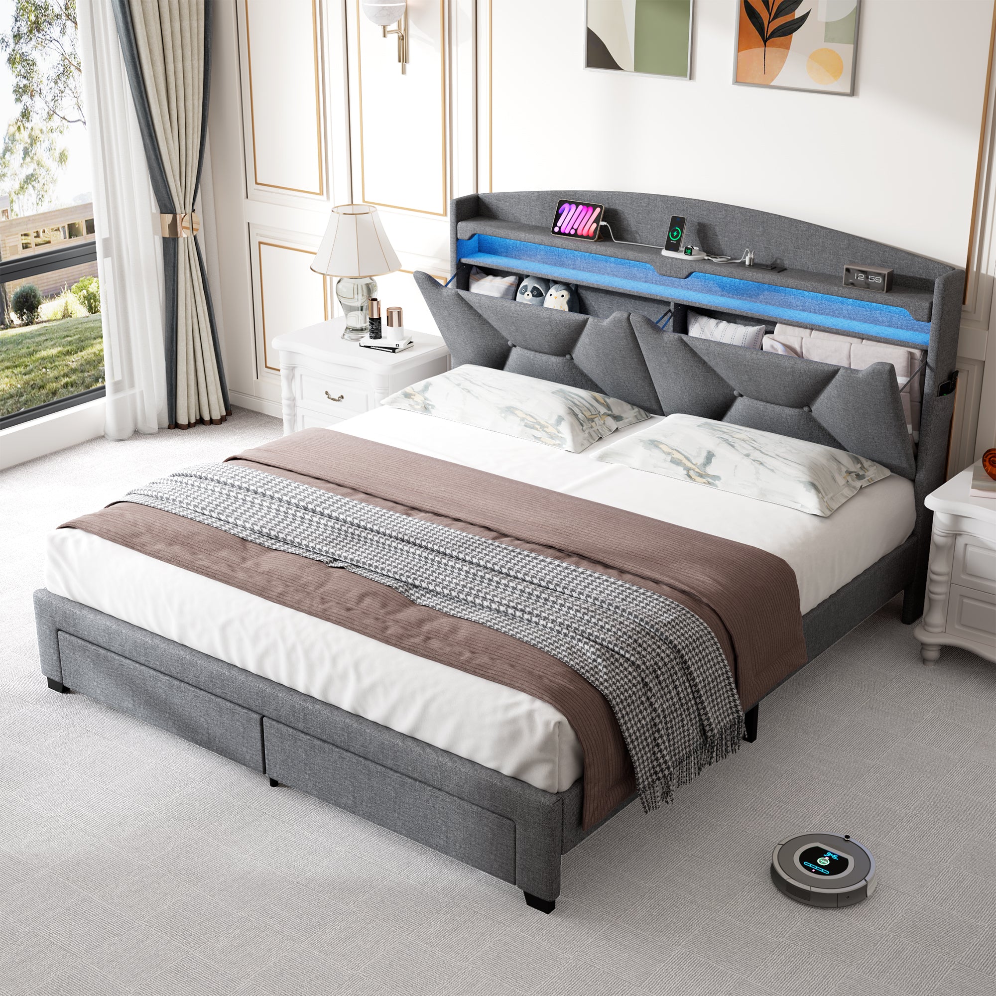 Modern Bed Frame with Storage Headboard and LED Lights