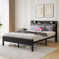 Modern Bed Frame with Storage Headboard and Charging Station